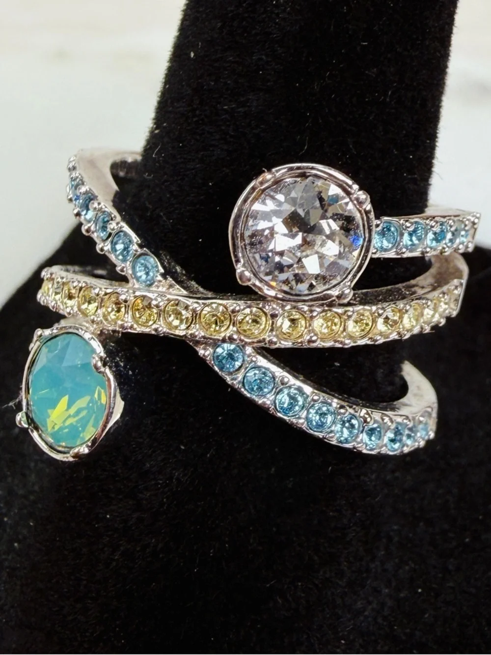Elegant Silvertone Ring with Blue and Green Accents sz 8
